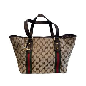 Gucci GG Beige & Ebony Canvas Jolicoeur Sherry Line Web Tote Bag Auth
